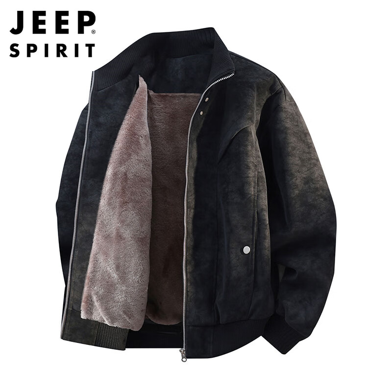JEEP SPIRIT Jeep plus velvet thickened suede leather jacket men's autumn and winter high-quality jacket coffee plus velvet 2XL