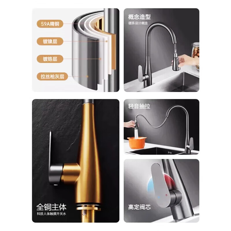 IVORPO Germany thickened all-copper hot and cold kitchen faucet telescopic pull-out dual-temperature sink faucet hot and cold dual-speed + 80cm explosion-proof pipe water-coated gray three-speed adjustment丨explosion-proof and splash-proof丨hot and cold dual control
