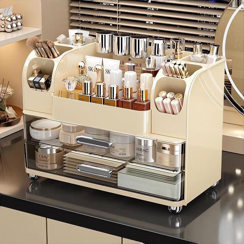 JD Logistics Large Capacity Cosmetic Storage Box Drawer Dresser Skin Care Product Lipstick Storage Rack Cream White Partitioned Storage/Deepened Brush Bucket + Widened Drawer