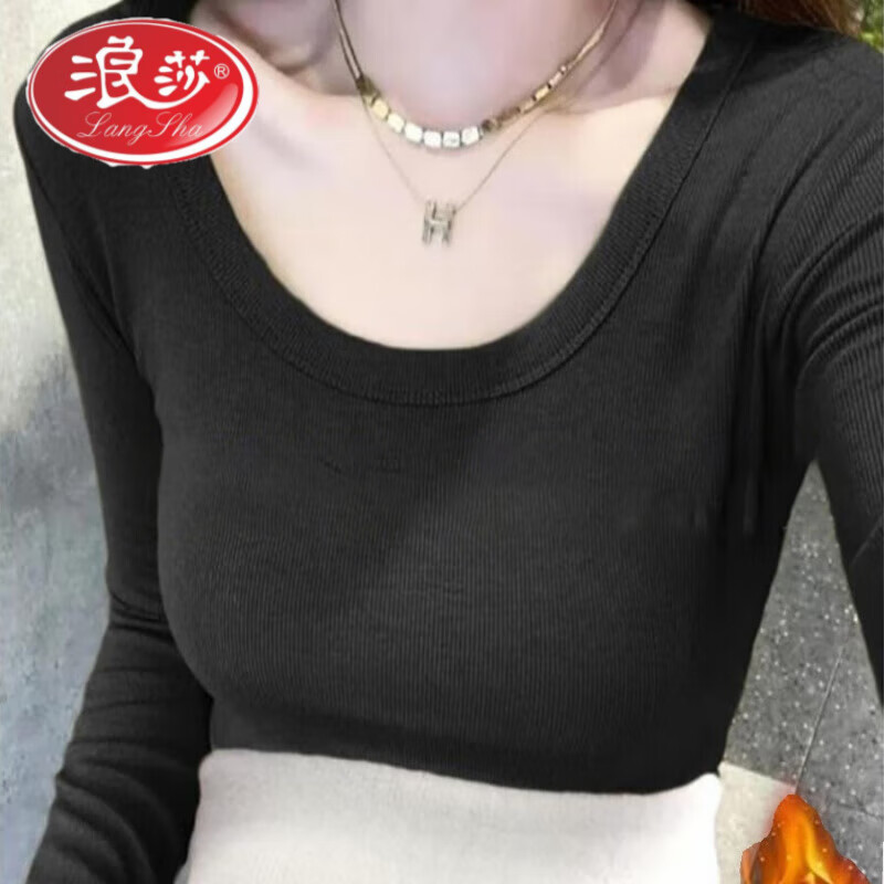 Langsha versatile U-neck long-sleeved T-shirt for women 2026 autumn and winter new slim fit inner layer with velvet and thickened warm base shirt for women, black, velvet, thickened L