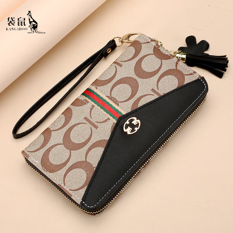 Kangaroo Leather Wallet Women's Clutch Women's Long Simple Mobile Phone Bag Multifunctional Large Capacity Fashion Zipper Wallet Black