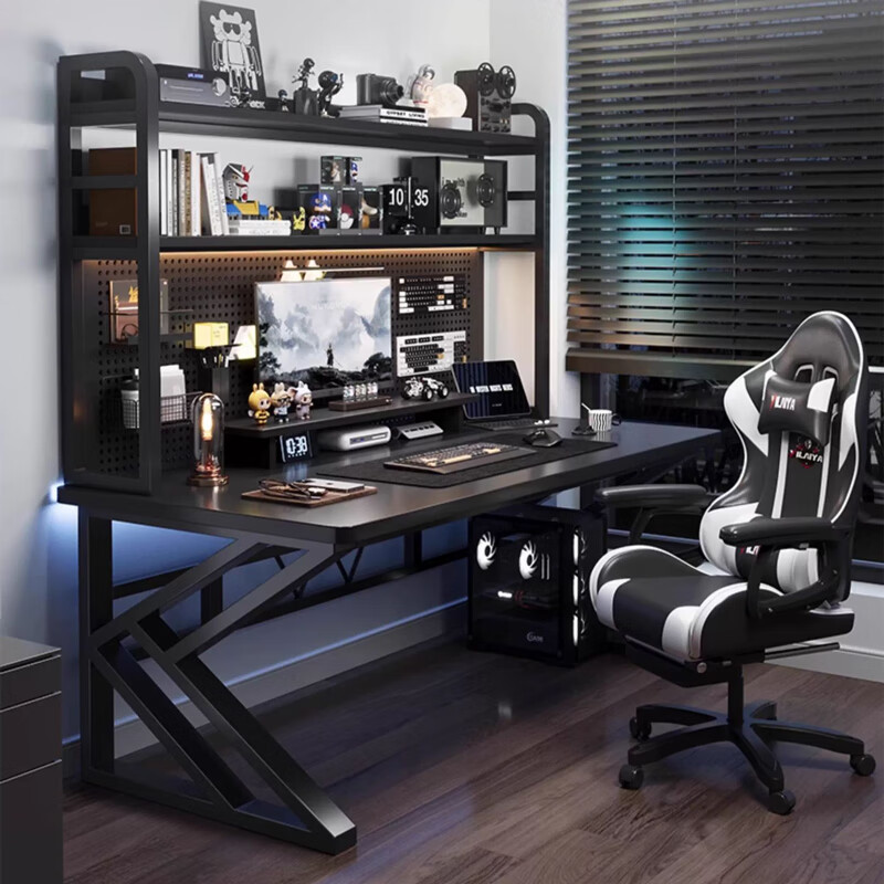 Humanities Chengjia Gaming Desk Desktop Computer Table Home Multi-Layer Bookshelf Integrated Perforated Board Computer Desk Office Writing Study Desk Double-Layer Shelf E-Sports Black (A complete set of perforated board accessories will be given when ordering) Length 120 Width 60 Height 165cm