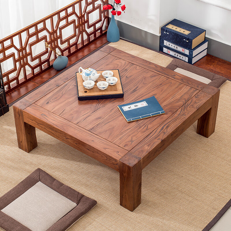 He Jiagong tatami coffee table solid wood bay window small table simple Chinese style kang table elm low table home window sill tea table square table 100*50*30 rosewood color
