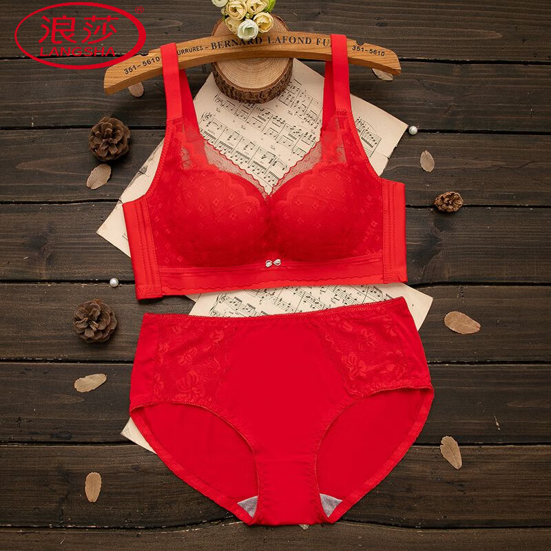 LangSha (LangSha) zodiac year red underwear set for women wedding bride thickened small bra push-up no wire bra bra Year of the Horse 229 red suit (medium thick) 75A 34
