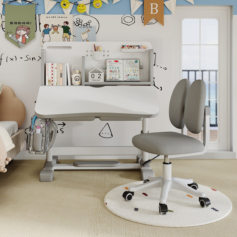 Youheng children's study desk and chair set multi-functional hand-operated lifting study table home writing table ETZY-06 80cm environmentally friendly tilting tabletop + antibacterial self-locking chair/Excellent Gray