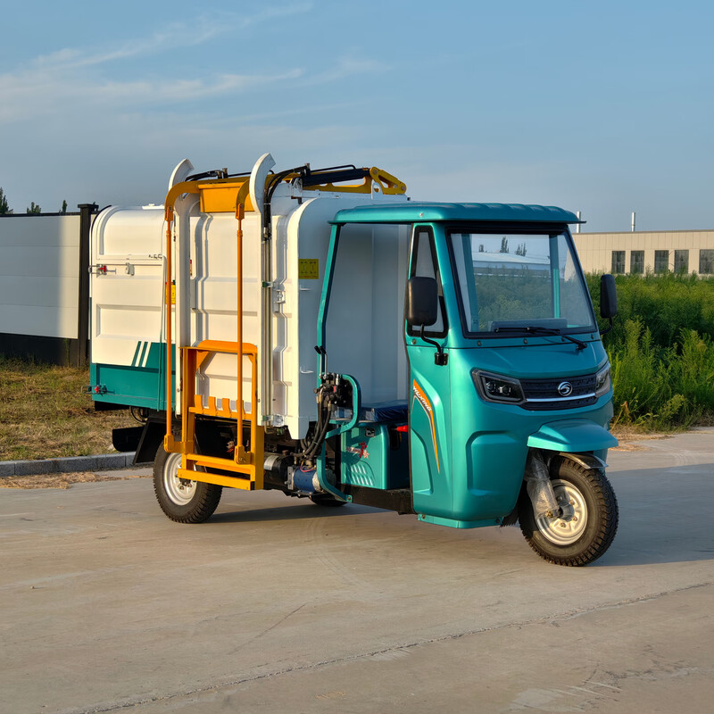 Licensed semi-enclosed cab electric garbage removal truck 4 cubic three-wheeled hanging bucket garbage truck new energy hydraulic self-loading and dumping sanitation truck Light blue semi-enclosed licensed electric three-wheeled garbage truck deposit
