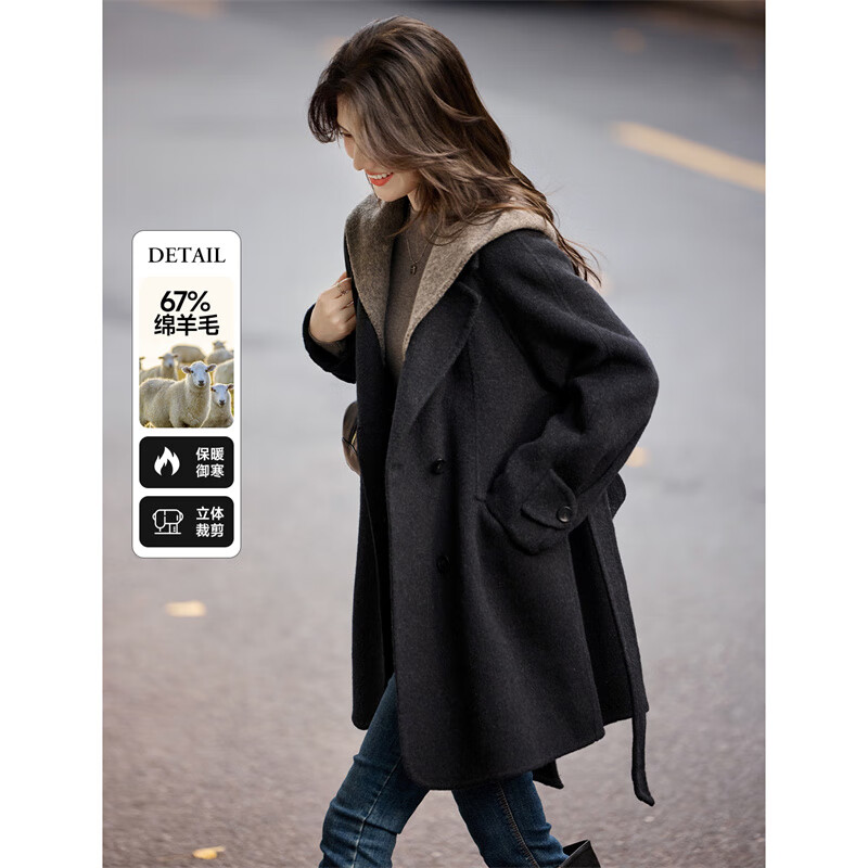 Xinfeiyu contrasting color hooded wool coat for women 25 winter new style high-end fashion temperament double-sided woolen coat for small people