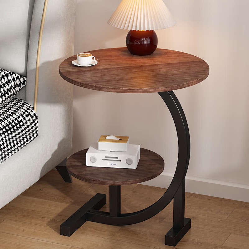 Side table, bedside storage rack, double layer small round table, simple coffee table, bedroom bedside table, JD Express, faster and better, white marble + black shelf, double layer