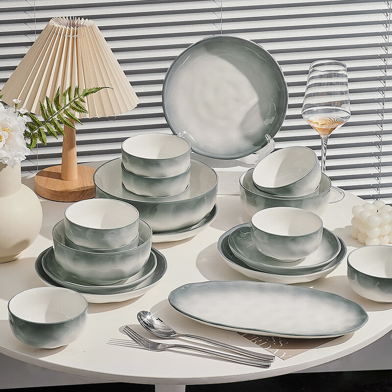 TREEJACK Yanyu Jiangnan ceramic bowls and plates tableware set household rice noodle soup bowls dishes chopsticks spoon spoon 10-piece set