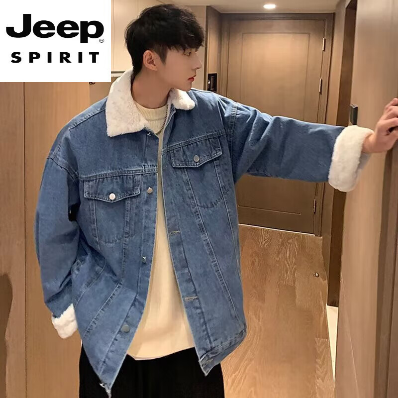 JEEP SPIRIT Autumn and Winter New Loose Lapel Denim Jacket Men's Casual Thickened Polar Fleece Jacket Top Cotton Clothes Upgraded Model 8662S Black L