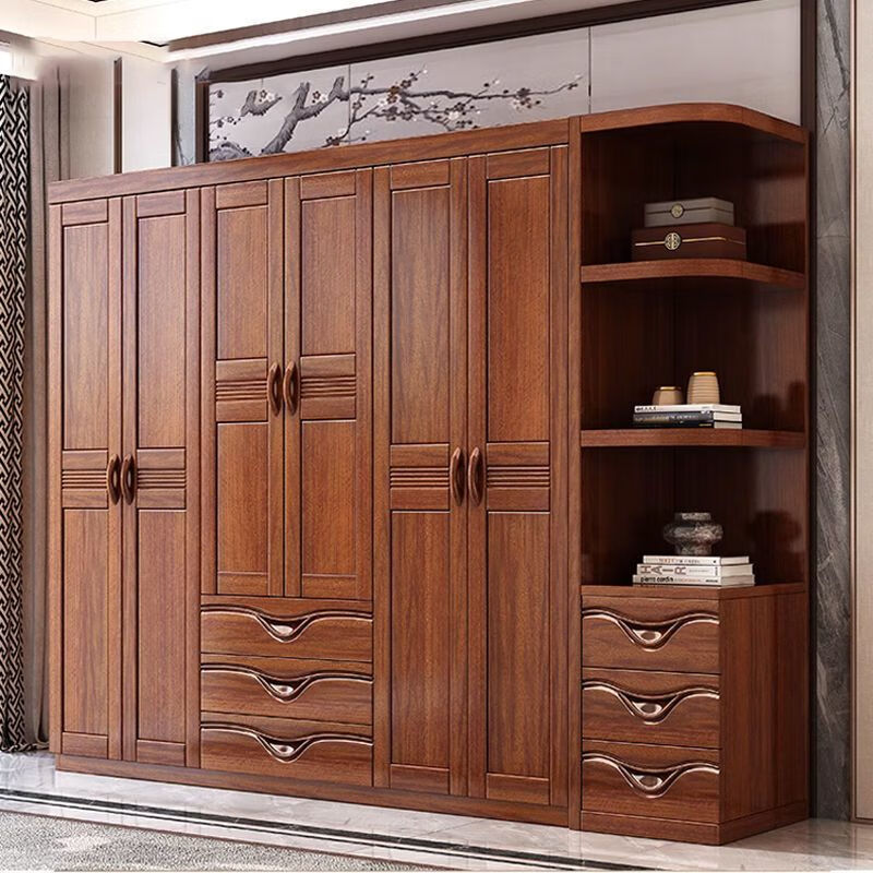 Walnut double-door solid wood wardrobe Chinese-style home bedroom small apartment large-capacity multi-layer storage storage wardrobe three-door wardrobe