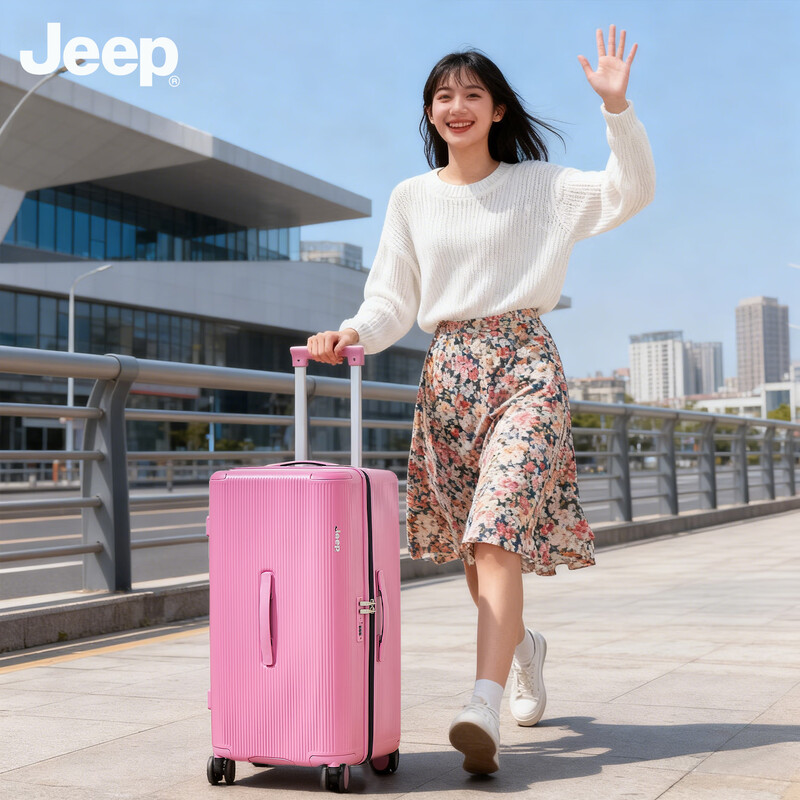JEEP suitcase jeep pull rod box large capacity high-looking girl suitcase business trip checked box 26 inches mousse pink