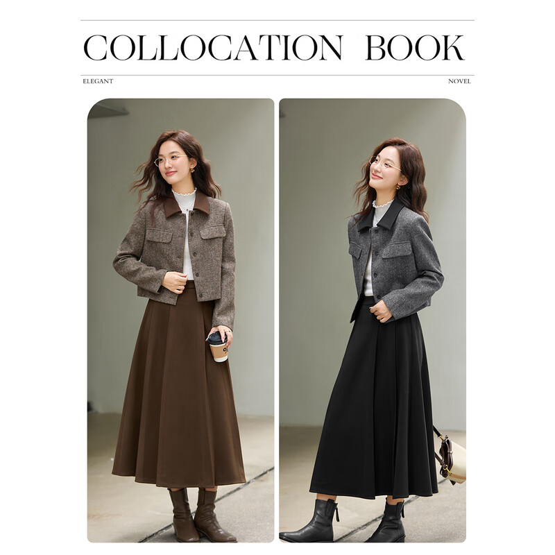 Fanximan retro woolen suit for women winter new style two-piece set with lapel top and half-length skirt, coffee color XL