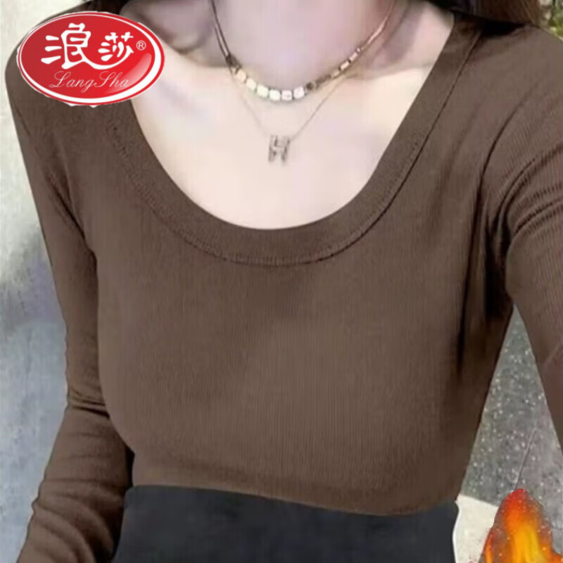 Langsha versatile U-neck long-sleeved T-shirt for women 2026 autumn and winter new slim fit inner layer with velvet and thickened warm base shirt for women, black, velvet, thickened L