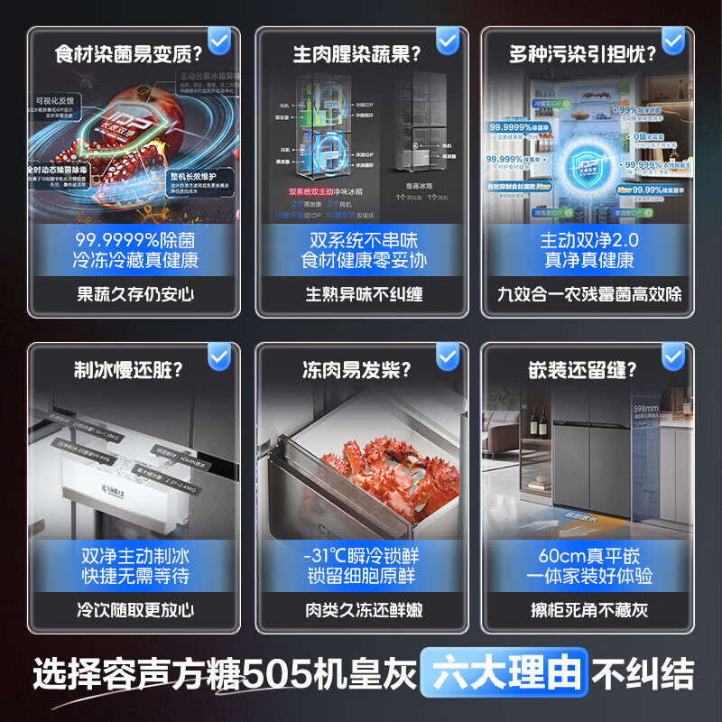 Rongsheng World Cup Customized Sugar Cube 505L Royal Cross Door Refrigerator BCD-505P60CZNAD Dual System Ultra-Thin Zero Embedded Automatic Ice Making Level 1 Energy Efficiency Three-Guarantee Machine Slight Defects