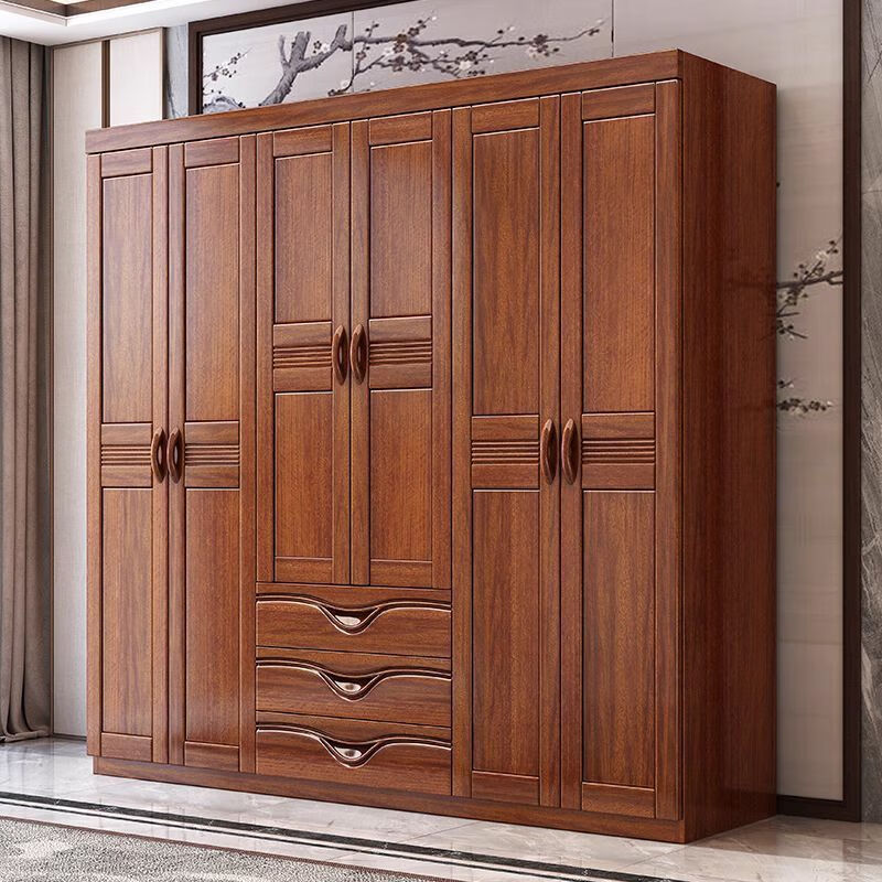 Walnut double-door solid wood wardrobe Chinese-style home bedroom small apartment large-capacity multi-layer storage storage wardrobe three-door wardrobe