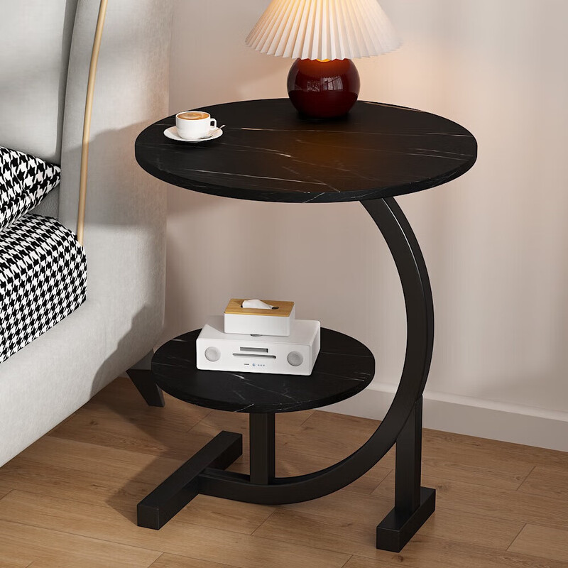 Side table, bedside storage rack, double layer small round table, simple coffee table, bedroom bedside table, JD Express, faster and better, white marble + black shelf, double layer