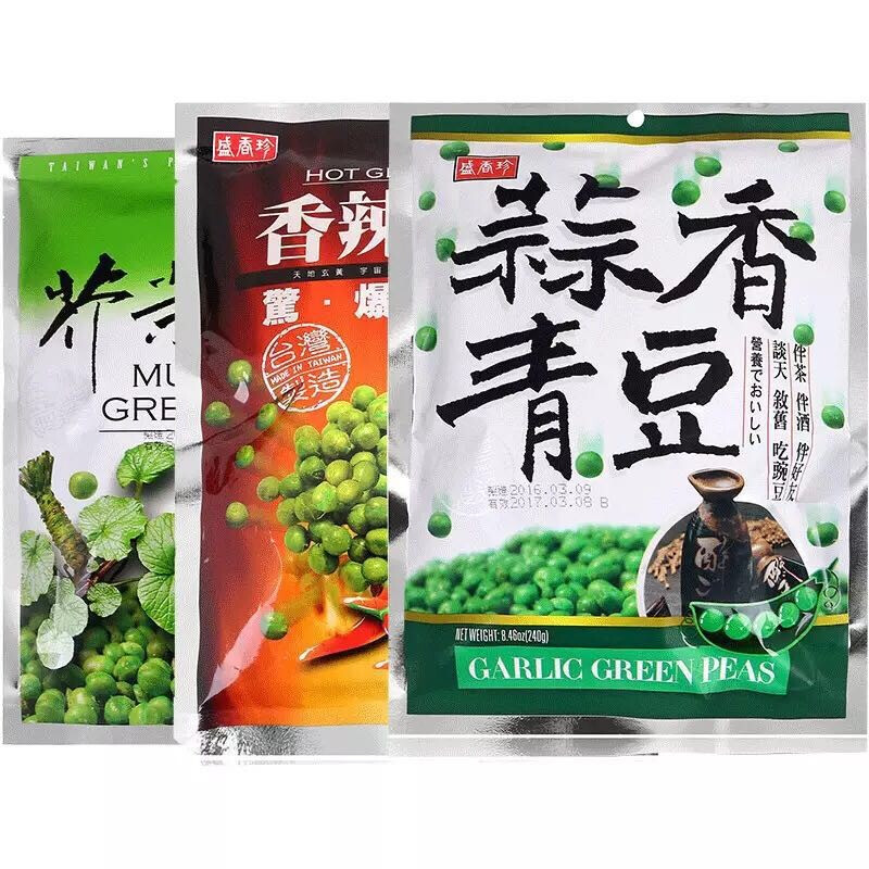 Imported from Taiwan, Shengxiangzhen Garlic Mustard Spicy Green Bean 3-flavor combination, 3 bags in total. Snacks. Please leave a message for any 3 bags of flavors.