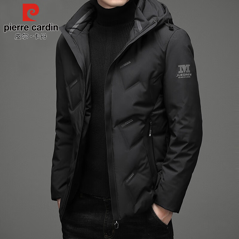 Pierre Cardin Down Jacket Men's Autumn and Winter Hooded Short Casual Jacket Men's Thickened Warm Clothes Men's Black XL