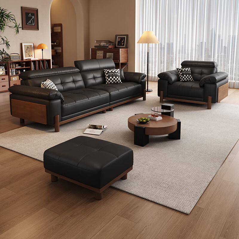 Dipu's antique-style solid wood leather sofa, simple government-subsidized adjustable straight-row maple leather sofa for living room Ming Ning, flagship version 2.8 meters, 5-star comfortable sitting feeling, thickened first-layer cowhide on the contact surface, wear-resistant and easy to maintain