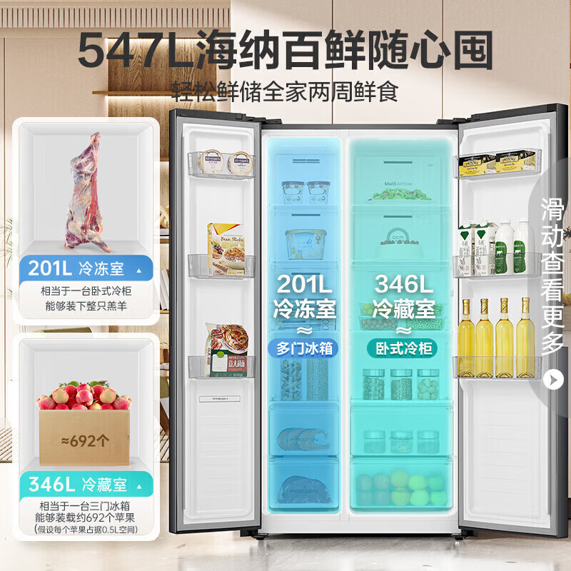 Rongsheng 547L side-by-side door refrigerator large capacity ultra-thin first-class energy efficiency air-cooled frost-free dual frequency conversion energy-saving antibacterial and odor-free refrigeration and freezing trade-in BCD-547WD12HP new product 547+-31 degrees ice-blocked fresh + 61.5cm ultra-thin
