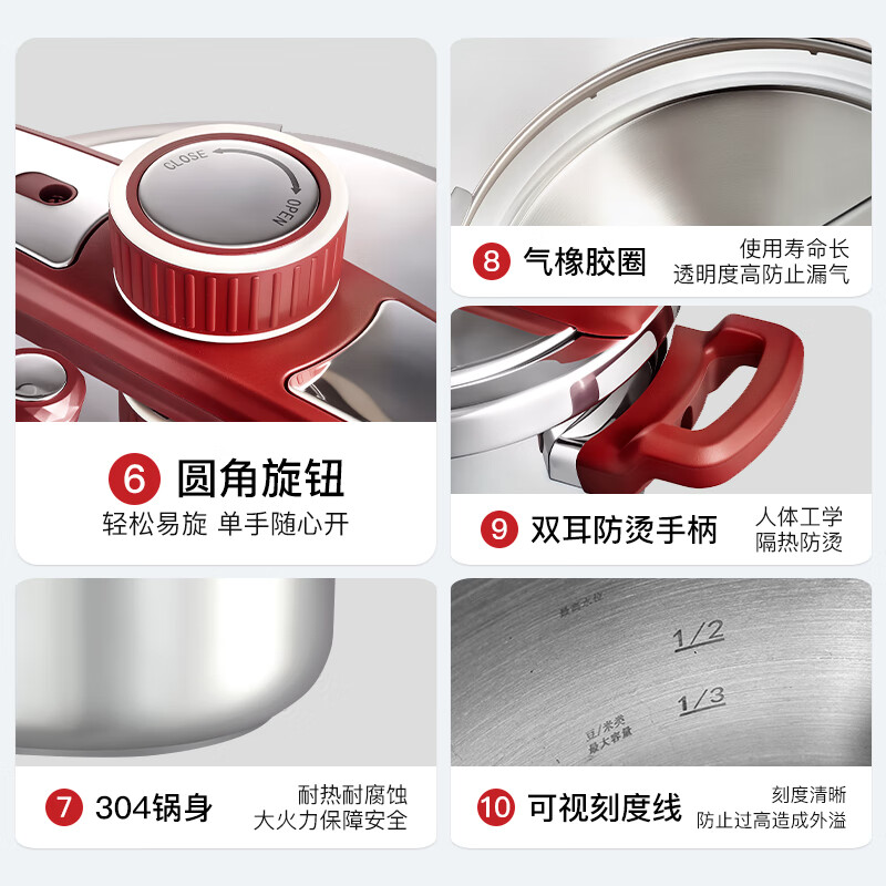Tianxi explosion-proof pressure cooker 6L household 304 stainless steel pressure cooker one-hand opening and closing induction cooker universal / suitable for 3-5 people