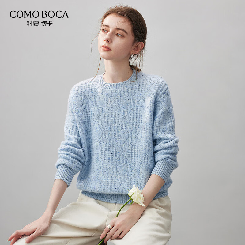 Komenboca 2025 Autumn and Winter Loose Cashmere Sweater Women's Round Neck Sweater Thickened Bottoming Sweater Color Dot Blue L