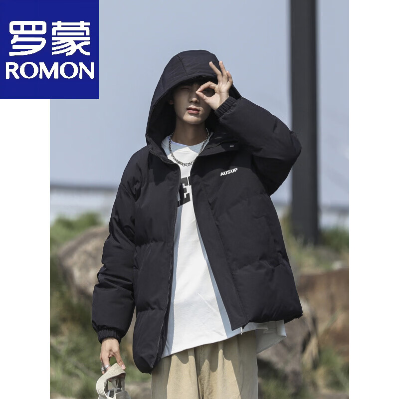 Luo Meng down jacket men's winter new thickened and warm Hong Kong style national trend versatile loose trendy brand hooded bread jacket black M 90--110 pounds can be worn