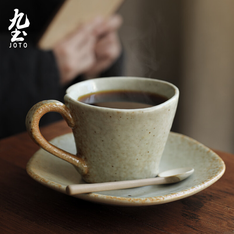 Jiutu handmade coffee cup ceramic couple cup and saucer set Japanese style coarse pottery coffee cup retro coffee set simple Italian style round ear handle