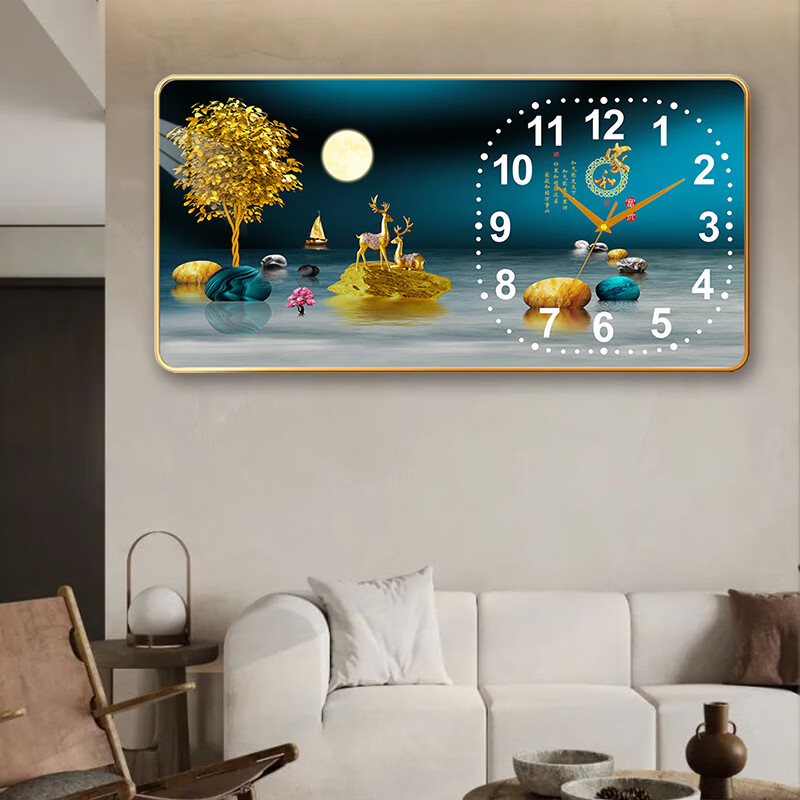 Hengsheng clock wall hanging living room wall clock home quartz clock silent calendar modern bedroom clock wall hanging watch without punching Golden Deer blessing FX calendar model medium size 20*40 cm wall clock