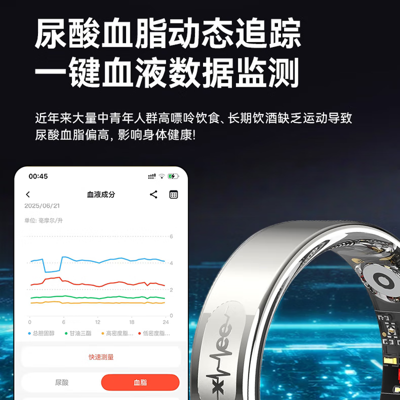 Case dynamic uric acid and blood lipid smart ring, high blood sugar and blood pressure, no need to wear health ring, all-day trend, sleep heart rate ring, daily exercise step record, dynamic ai ring, top version L01-silver, uric acid, blood lipid, four blood sugar and blood pressure trends, No. 11 (diameter 20.6mm, finger circumference 66mm)