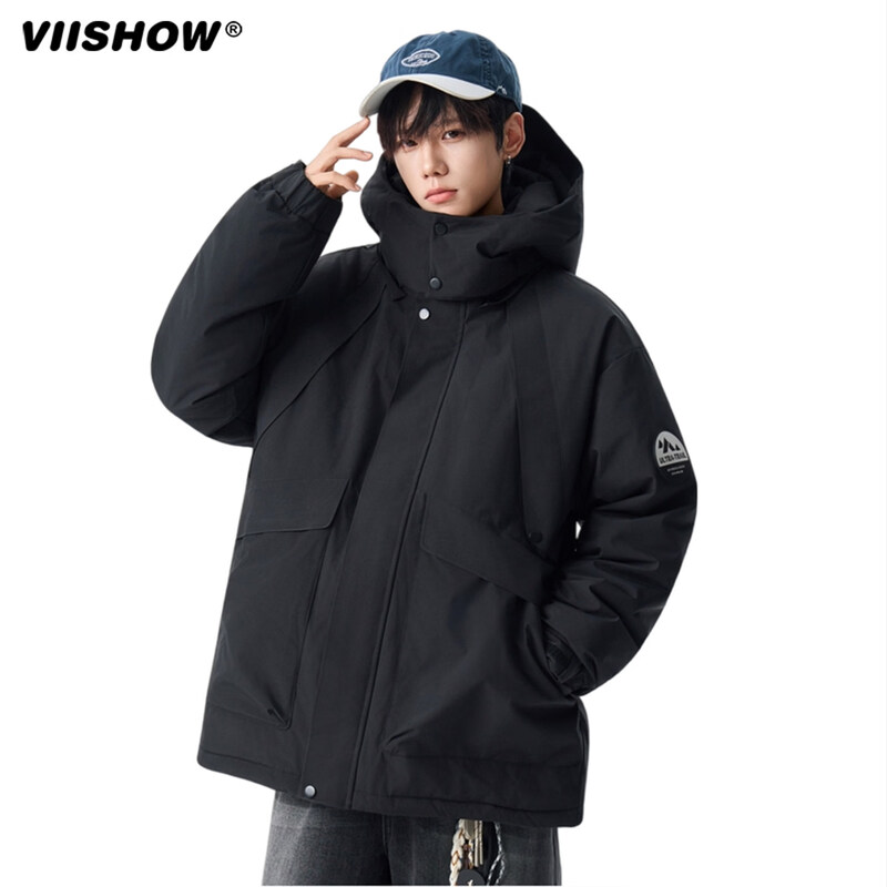 Viishow winter outdoor functional parka down jacket men and women trendy brand 90 velvet couple warm and cold-proof jacket black M