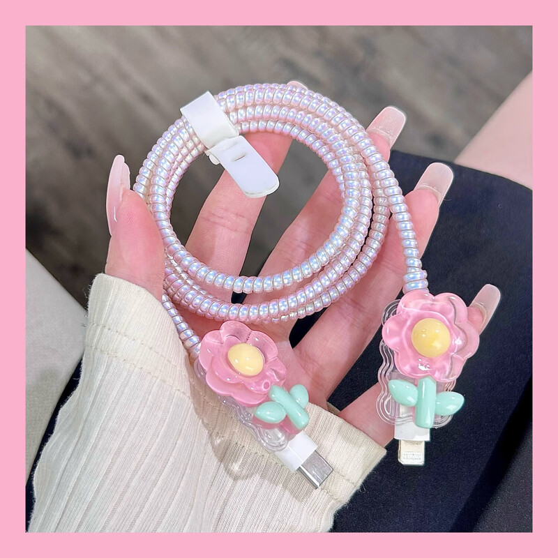 Suitable for Apple 15 charger protective case iphone15pro cute 14/13/12/11 data cable protective case blue flower protective cable + cable bite 1 pair