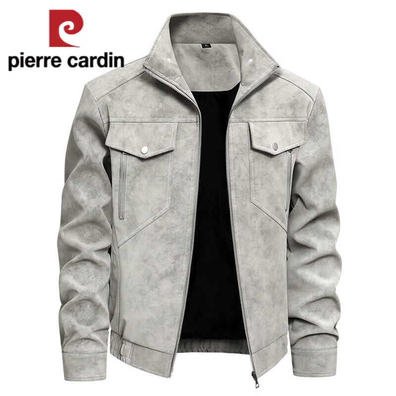 Pierre Cardin Genuine Haining 100% Leather Jacket Men's Stand Collar Business Casual Versatile Trendy Handsome Leather Jacket Motorcycle Jacket Men Black 2XL 136-150 Jin