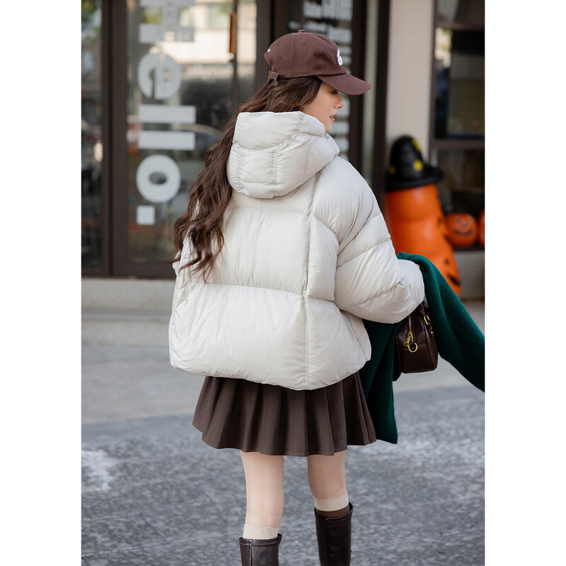 Ives (ITISF4) Light Warm Puff Fashion Down Jacket Winter Fashion Hooded Short Turtle Back Down Jacket Beige S
