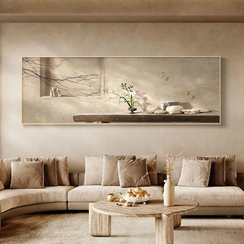 Fantasy new Chinese-style living room decorative painting, elegant and simple horizontal version of tea room mural wabi-sabi style high-end sofa background wall hanging painting 70x180cm with light/voice control plug-in type 01 green shadow whirling with installation