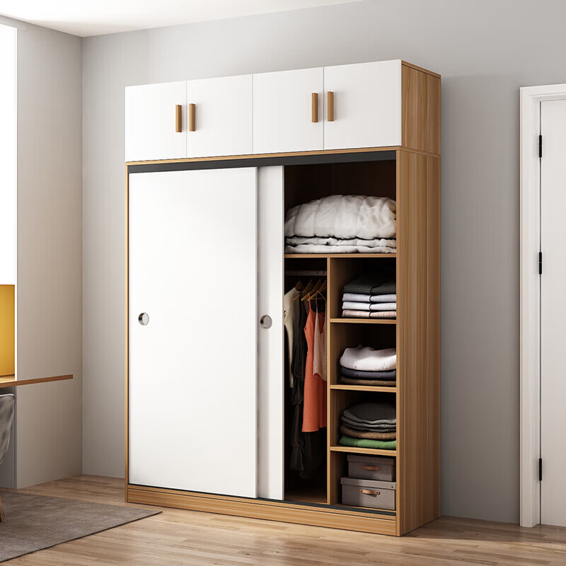 Wardrobe household bedroom wooden sliding door children's wardrobe rental house economical simple cabinet small apartment simple light white sliding door 1.2 meters single cabinet self-installation