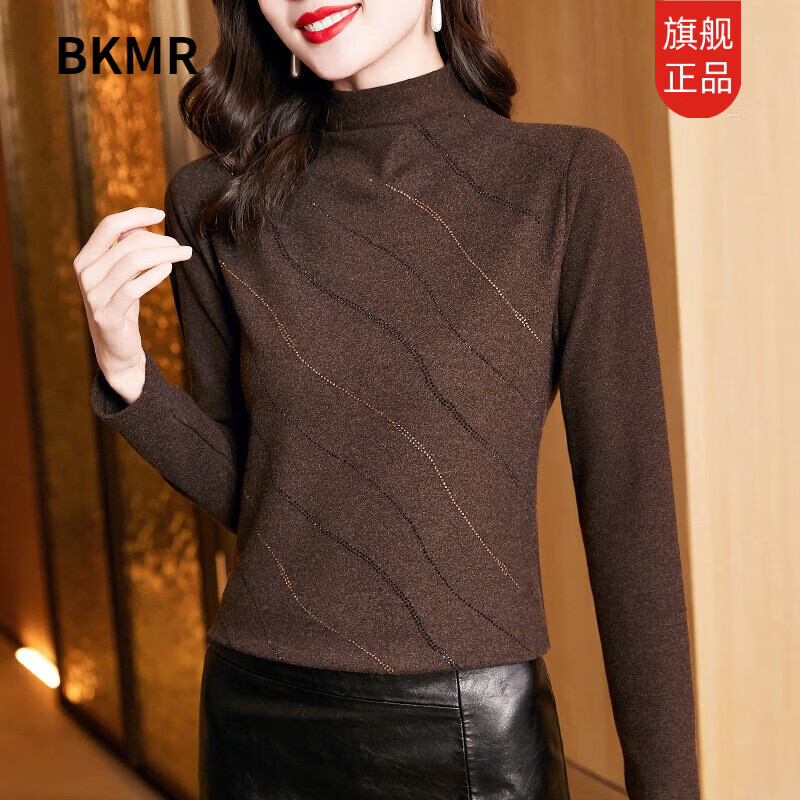 BKMR Double-sided German Velvet Bottoming Shirt Women's Autumn and Winter Thickened T-shirt Western Style Middle-aged Mom Half Turtle Collar Warm Top Brown L 105-115 Jin
