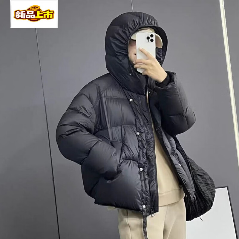 Chujing Korean style autumn and winter loose casual hooded down jacket white duck down small warm bread jacket women's trendy black (the hat is also white duck down) M (115-130)