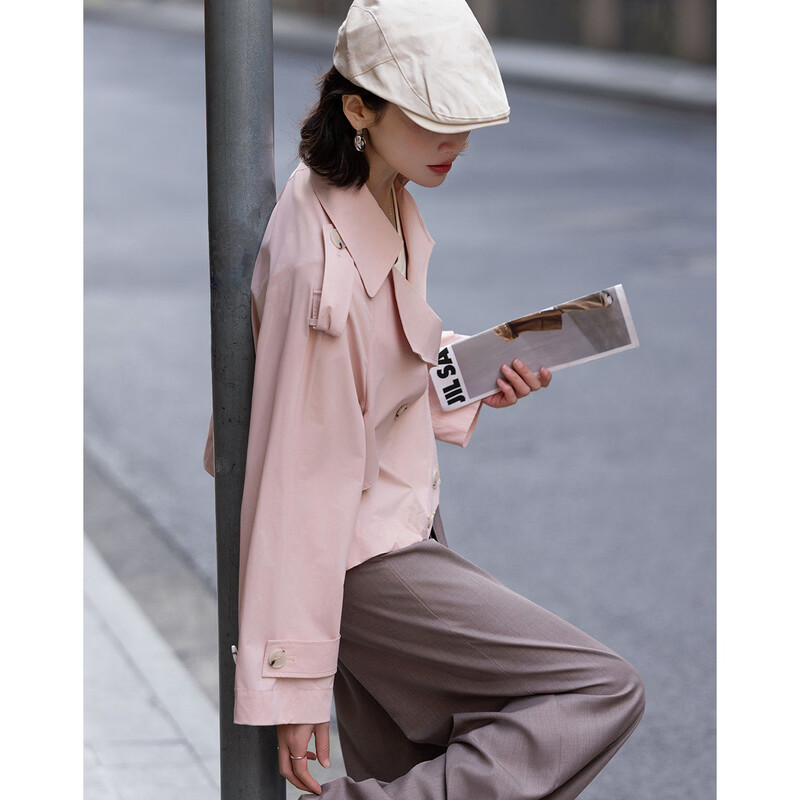 Demana Antibacterial Ice Algae Mud Spring Fashion Lapel Collar Double-breasted Loose Short Small Women's Windbreaker Jacket