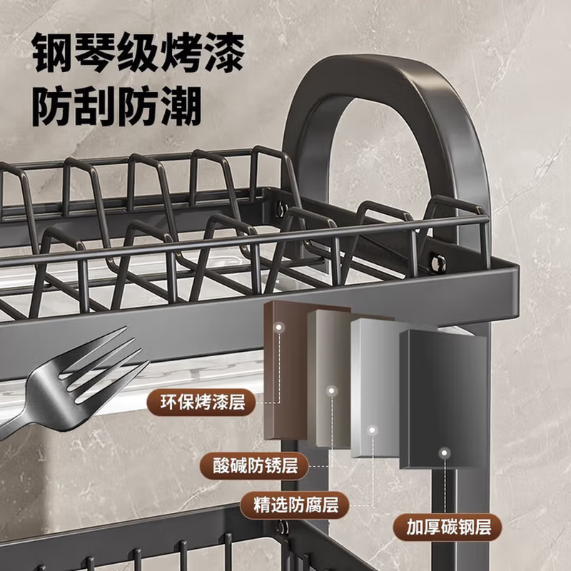 Guoshuo Technology Kitchen Dish Rack Drain Dish Rack for Tableware Cabinet Storage Cabinet Dish Box Utensil Storage Rack Complete Collection 42cm Double Layer + Knife and Chopstick Holder + Chopping Board Rack + Drainage Tray Thickened Anti-rust Multifunctional Storage Rack