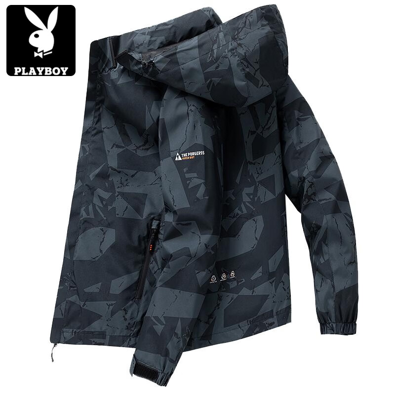 Playboy (PLAYBOY) Camouflage Outdoor Charge Top Men's Spring and Autumn Thin Jacket Men's Windproof and Waterproof Mountaineering Wear Sports Breathable Jacket 2625 Black 2XL Recommended 140-155 catties