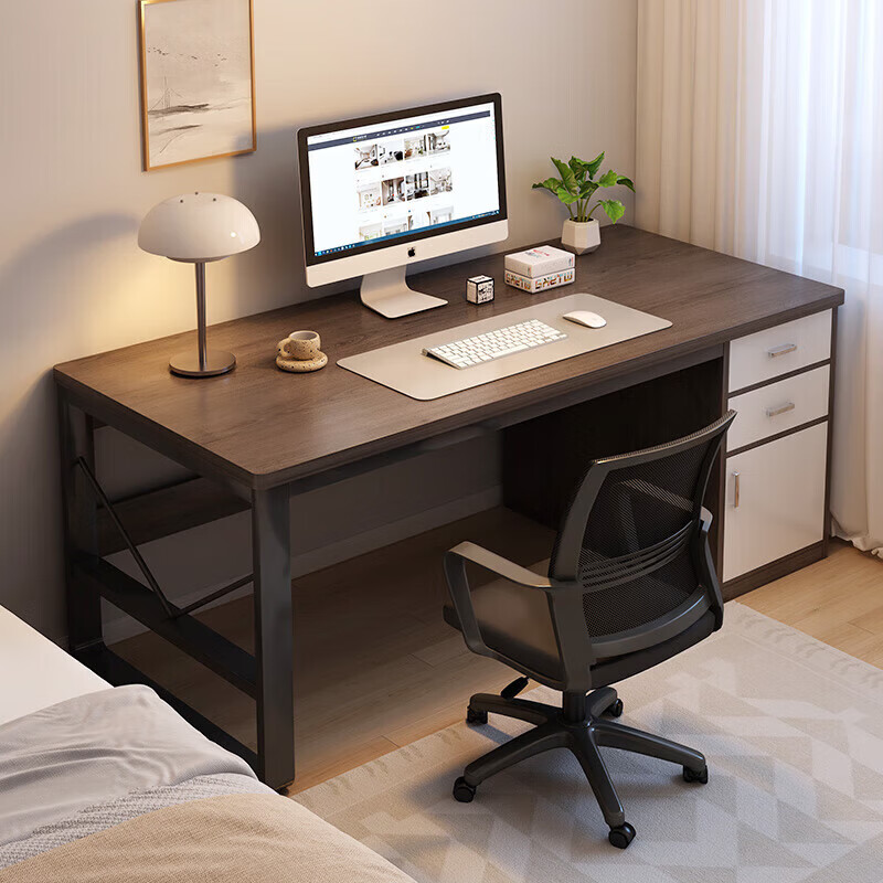 Computer desk desktop home desk student study desk simple workbench bedroom with drawers office desk two drawers and one cabinet 140*60CM Morandi gray
