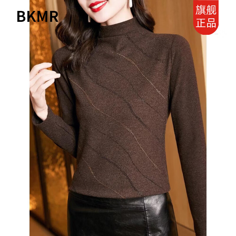 BKMR Double-sided German Velvet Bottoming Shirt Women's Autumn and Winter Thickened T-shirt Western Style Middle-aged Mom Half Turtle Collar Warm Top Brown L 105-115 Jin