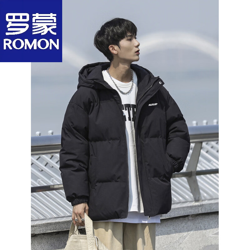 Luo Meng down jacket men's winter new thickened and warm Hong Kong style national trend versatile loose trendy brand hooded bread jacket black M 90--110 pounds can be worn