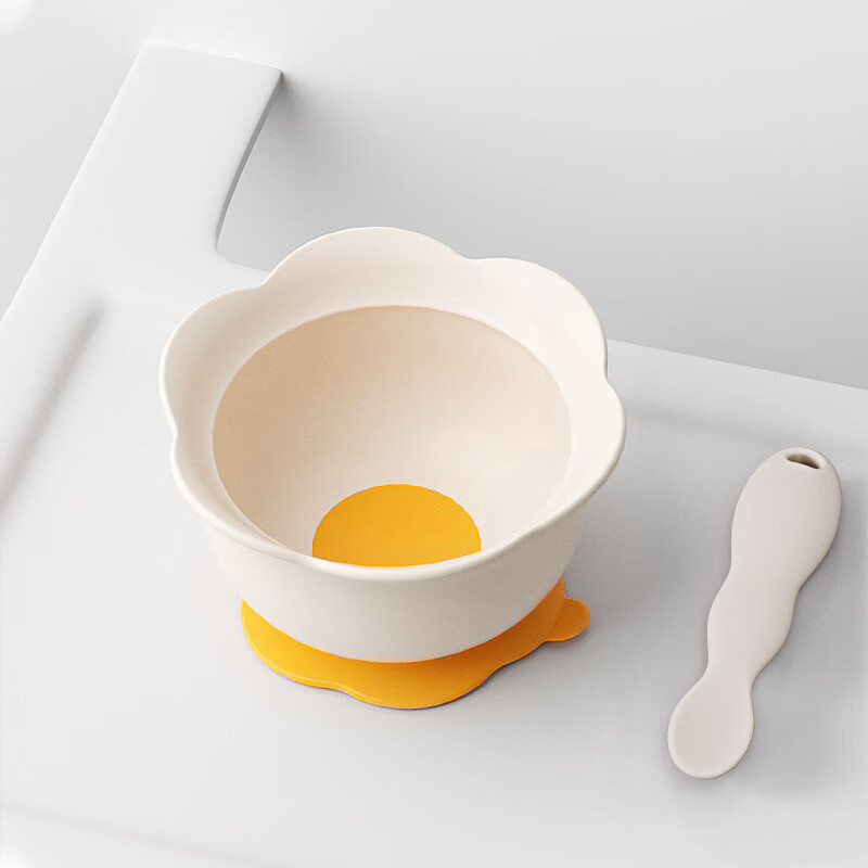 Saint Becci baby food bowl, special suction cup for children to eat, baby cloud silicone bowl, plate, independent eating tableware, yellow + spoon