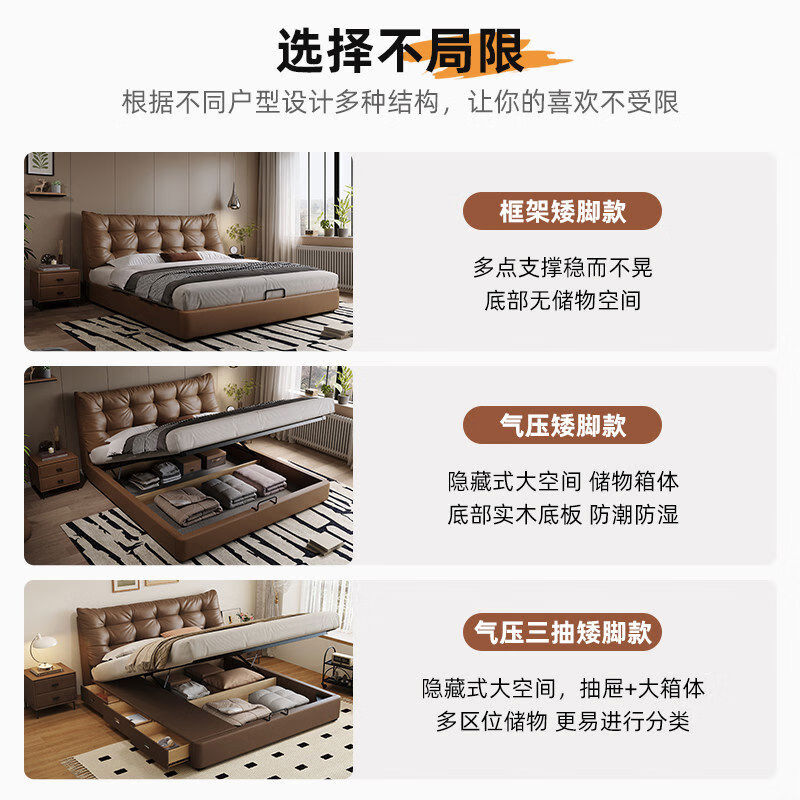 Yusenyi double bed, elegant master bedroom soft-packed bed, cowhide wedding bed, upgraded bed + 2 cabinets + knitted surface breathable mattress, moderate 15002000 bracket structure