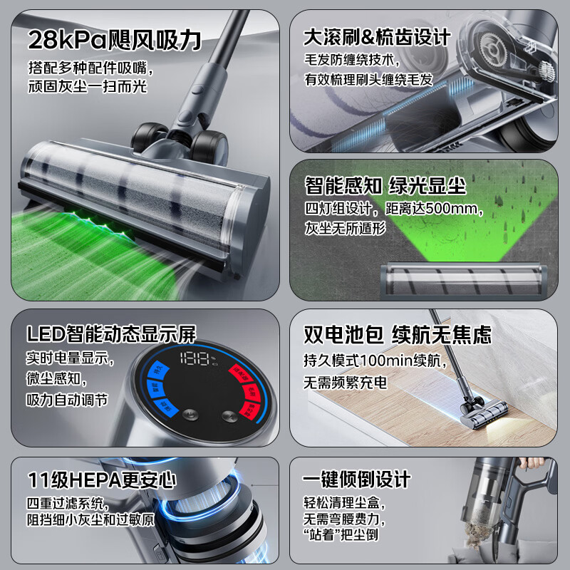 Panasonic Dust Removal Magic Wireless Vacuum Cleaner Home High Suction Handheld Green Light Display Dust Suction Cat Hair Dust Removal Quadruple Filtration MC-A33H Dual Battery Pack Long Life