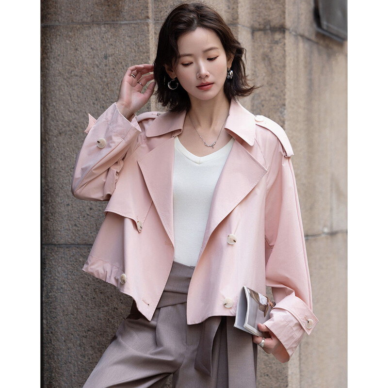 Demana Antibacterial Ice Algae Mud Spring Fashion Lapel Collar Double-breasted Loose Short Small Women's Windbreaker Jacket