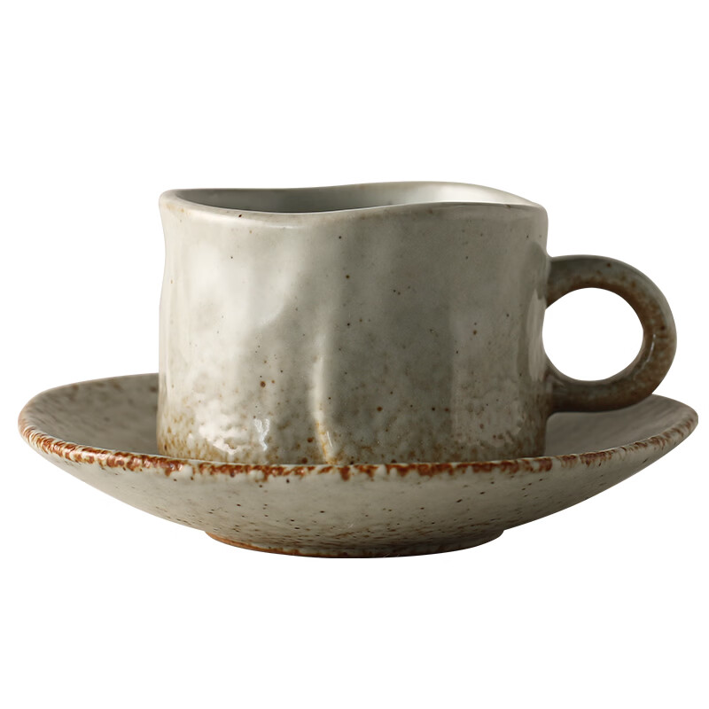 Jiutu handmade coffee cup ceramic couple cup and saucer set Japanese style coarse pottery coffee cup retro coffee set simple Italian style round ear handle